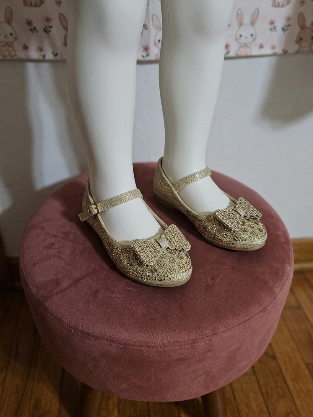 Girls Gold Glitter Bow Mary Jane Flats